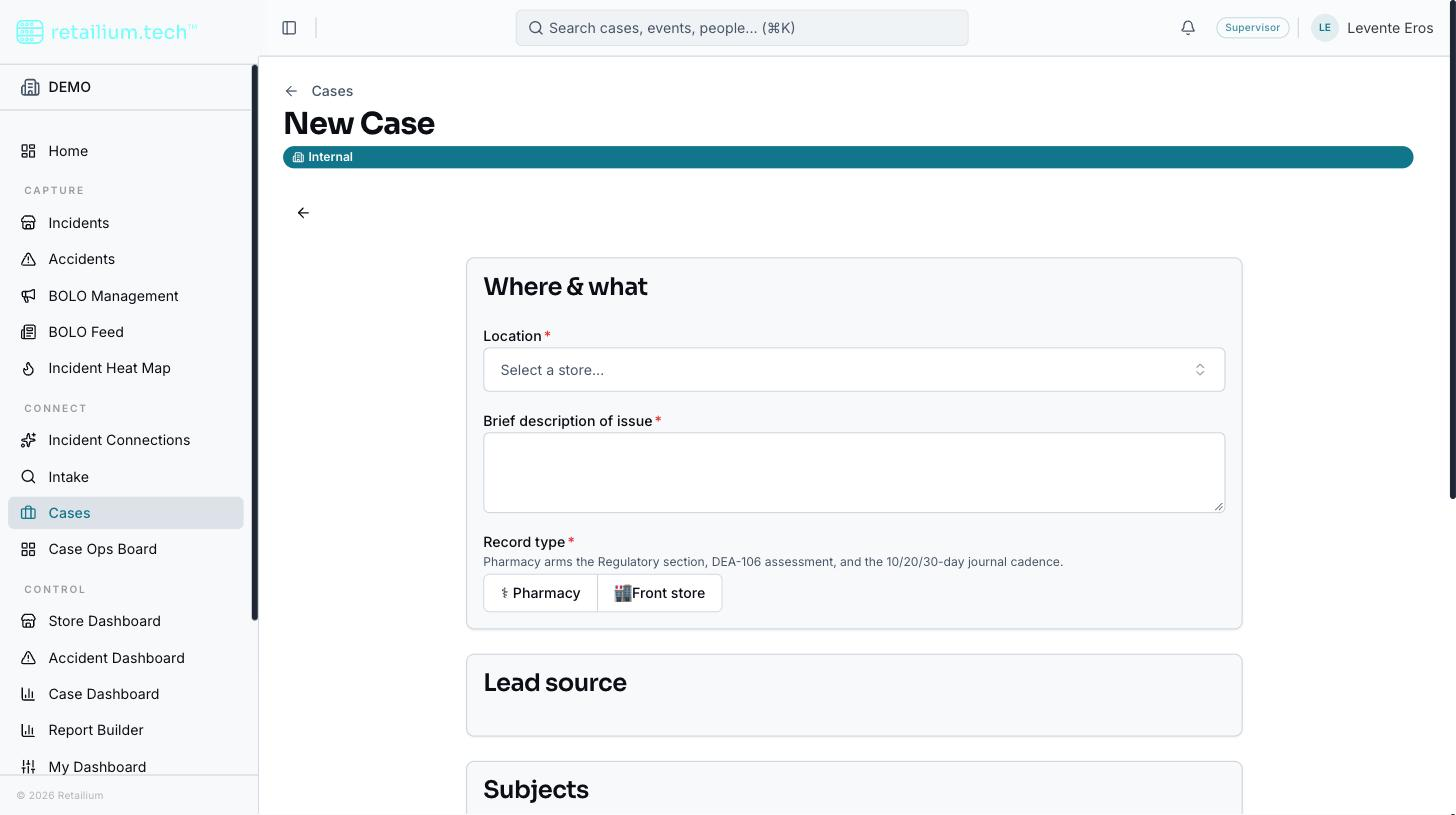 The guided internal-case intake, with the Record type picker offering Pharmacy and Front store