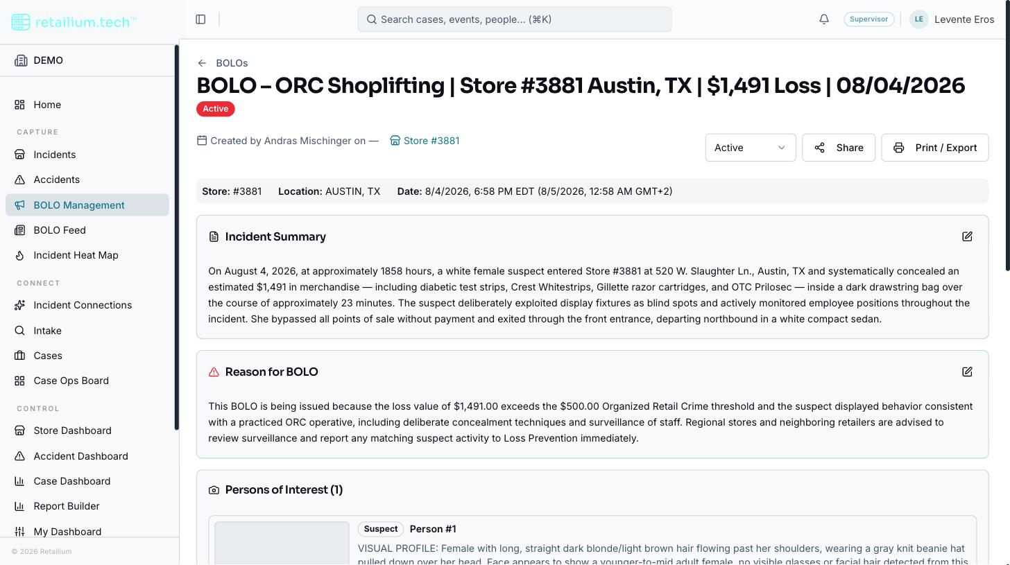A BOLO detail page with the status control, Share and Print/Export actions, and the per-section edit controls