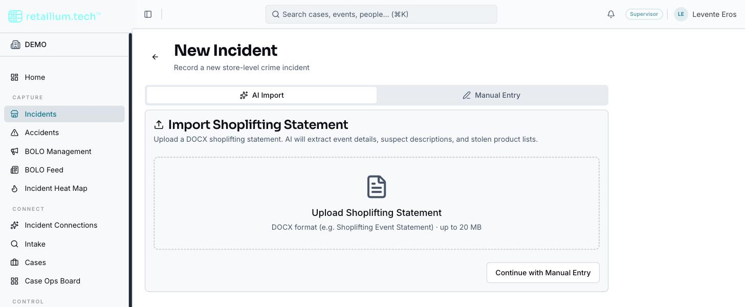 The AI Import tab on New Incident, ready to upload a shoplifting statement