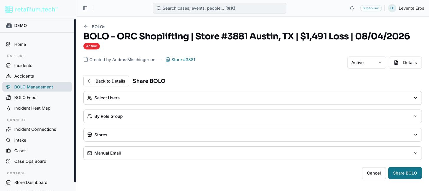 The Share BOLO form with its four channels: individual users, role group, stores, and manual email.