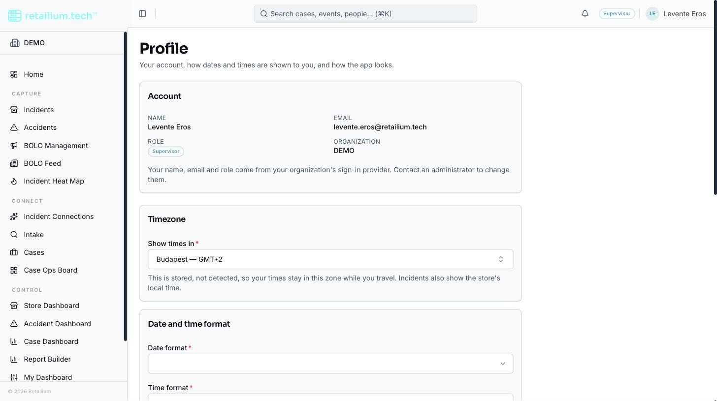 The profile page showing account details, timezone, and date and time format controls