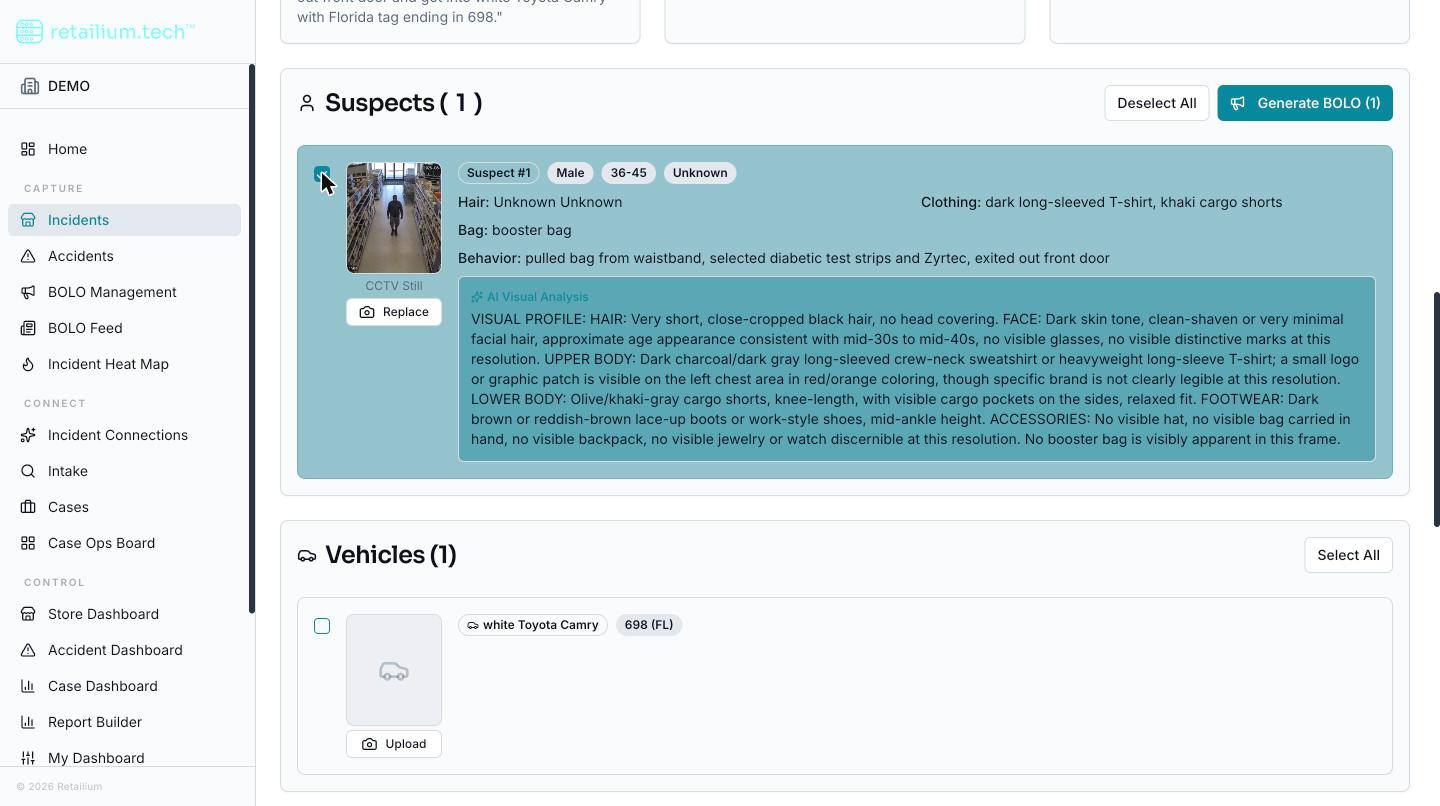 An incident's Suspects section with Suspect #1 selected. Generate BOLO activates once a suspect is ticked, and the fields shown on the card, hair, clothing, bag, behavior, and the visual analysis of the CCTV still, are what the pre-filled description is built from.
