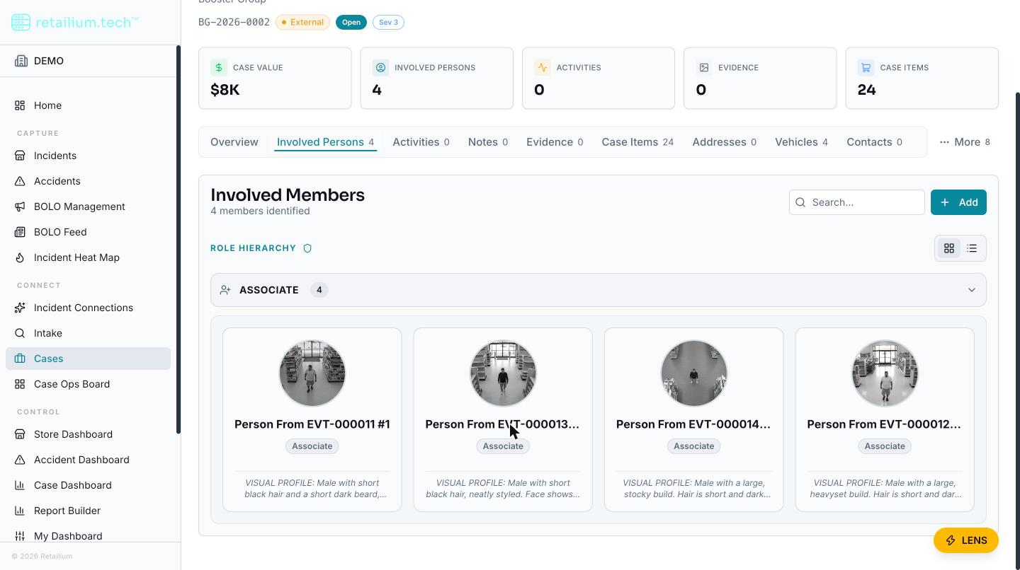 The Involved Persons tab on an external case, in tile view. All four members of this demo case hold the associate role, so only the Associate group is drawn. The control on the right switches between tiles and the table view.