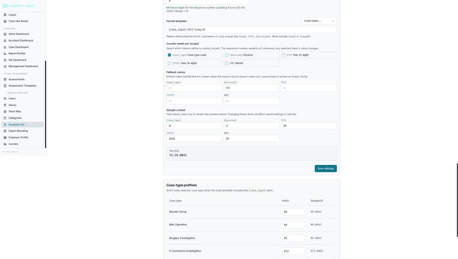 The Readable ID Settings screen: the case format template, its sequence padding, and the case-type prefix table that gives each case type its short code.