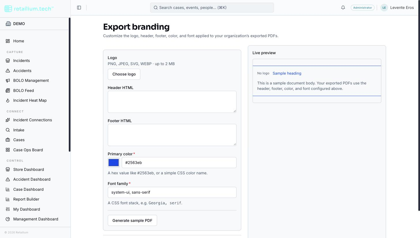 The Export branding screen with the logo, header, footer, color, and font controls on the left and the live preview beside them. The demo organization has no logo set.