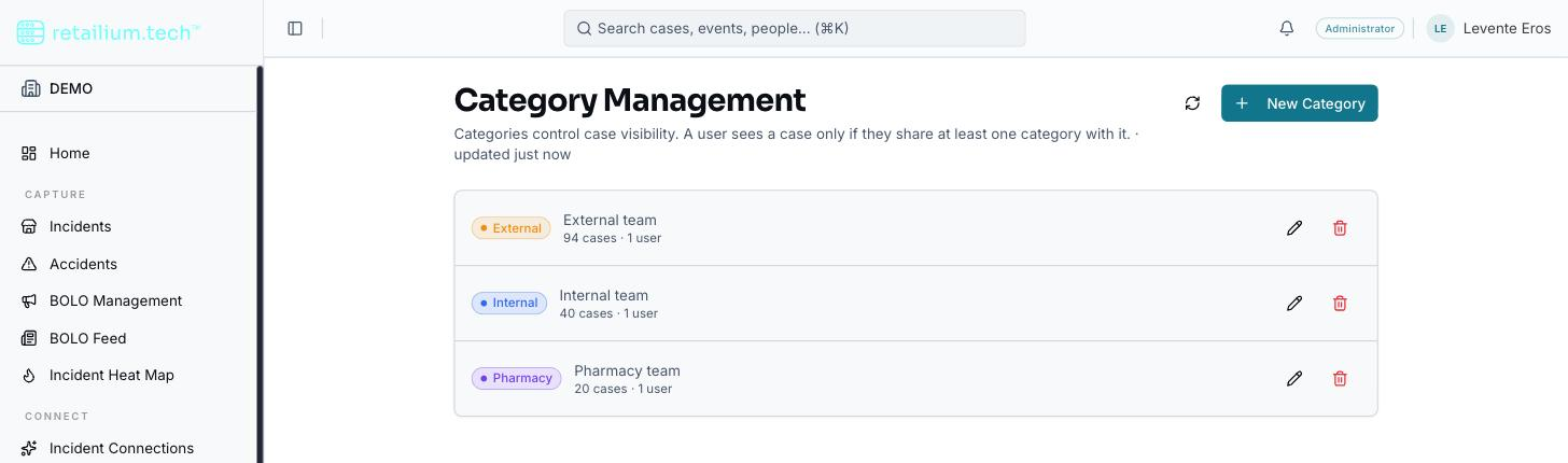 The label administration screen, called Category Management in the product, listing each label with its color, its case count, and its user count.