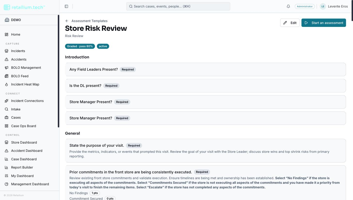 A saved assessment template open for review: its grading badge, its sections, and the questions in each, with the Edit control in the header.