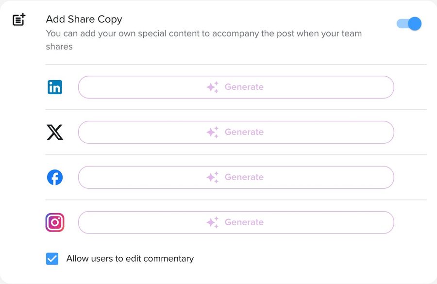 The share copy section of the Create a Post page, showing generated copy and Generate buttons for LinkedIn, X, Facebook, and Instagram.